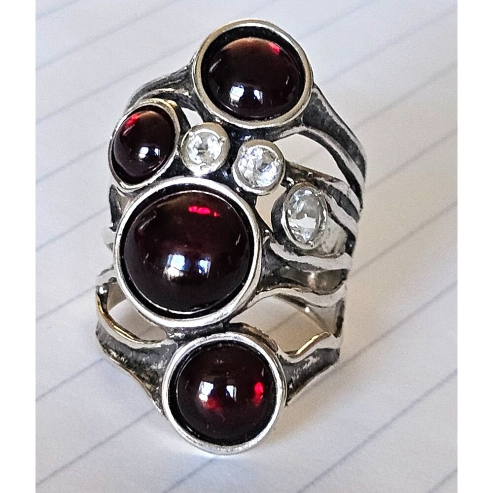 David Bohemian Style Sterling Silver Garnet Diamond Ring Sz 8 Statement Jewelry